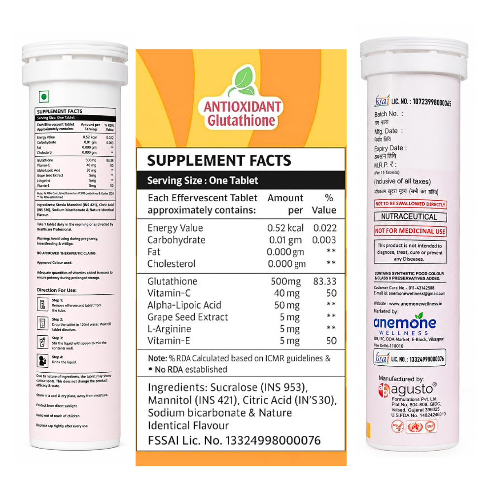anemone Gluta+ Antioxidant Glutathione Orange Flavoured Effervescent Tablets, glowing skin, Sugar Free, 15 Tablets - Image 2