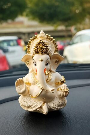 Lord Ganesha Idol for Car Dashboard, White & Gold Finish Ganesh Murti for Car, Home & Office Décor