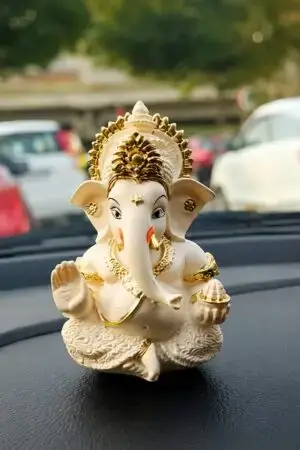 Lord Ganesha Idol for Car Dashboard, White & Gold Finish Ganesh Murti for Car, Home & Office Décor