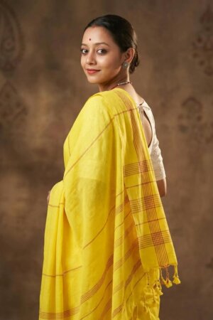 Elegant Mustard Yellow Cotton Saree with Traditional Striped Border & Tassels